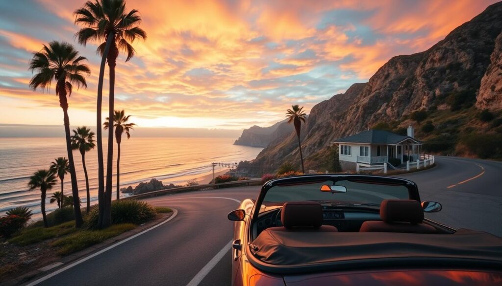 A scenic California road trip destination, featuring a winding coastal highway lined with tall palm trees and dramatic cliffs. In the foreground, a classic convertible with the top down, parked beside a picturesque viewpoint overlooking the ocean. In the middle ground, a cozy beachside cottage surrounded by colorful flowers, inviting travelers to stay and explore. The background showcases a breathtaking sunset sky filled with vibrant colors of orange and pink, casting a warm golden glow over the scene. Soft lighting enhances the tranquil atmosphere, evoking a sense of adventure and relaxation. The angle captures the beauty of the coastline, inviting viewers to imagine the perfect road trip experience in California. A scenic California road trip destination, featuring a winding coastal highway lined with tall palm trees and dramatic cliffs. In the foreground, a classic convertible with the top down, parked beside a picturesque viewpoint overlooking the ocean. In the middle ground, a cozy beachside cottage surrounded by colorful flowers, inviting travelers to stay and explore. The background showcases a breathtaking sunset sky filled with vibrant colors of orange and pink, casting a warm golden glow over the scene. Soft lighting enhances the tranquil atmosphere, evoking a sense of adventure and relaxation. The angle captures the beauty of the coastline, inviting viewers to imagine the perfect road trip experience in California.
