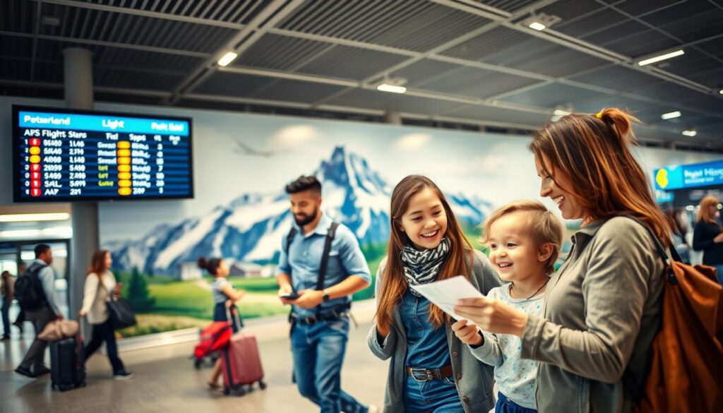 A scenic travel-themed image depicting a modern airport terminal with a digital flight information board displaying affordable flights to Switzerland. In the foreground, an excited family dressed in modest casual clothing is looking at their flight tickets, symbolizing budget travel. The middle ground features a large, vibrant illustration of the Swiss Alps on a wall mural, adding visual interest. In the background, the bustling airport atmosphere is highlighted with travelers rolling luggage and airport staff attending to passengers. The lighting is bright and welcoming, emphasizing an optimistic and adventurous mood. The angle captures a slightly elevated view to include the lively surroundings while focusing on the family excited about their journey. A scenic travel-themed image depicting a modern airport terminal with a digital flight information board displaying affordable flights to Switzerland. In the foreground, an excited family dressed in modest casual clothing is looking at their flight tickets, symbolizing budget travel. The middle ground features a large, vibrant illustration of the Swiss Alps on a wall mural, adding visual interest. In the background, the bustling airport atmosphere is highlighted with travelers rolling luggage and airport staff attending to passengers. The lighting is bright and welcoming, emphasizing an optimistic and adventurous mood. The angle captures a slightly elevated view to include the lively surroundings while focusing on the family excited about their journey.
