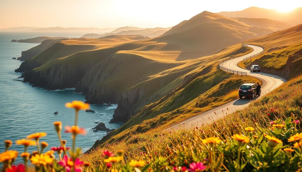 A scenic view of Cape Breton, Nova Scotia, showcasing the iconic Cabot Trail winding along rugged cliffs beside the sparkling Atlantic Ocean. In the foreground, display vibrant wildflowers in bloom, hinting at the beauty of nature. The middle ground features a car parked on the roadside, with travelers dressed in casual attire marveling at the breathtaking landscape. The background reveals rolling hills covered in lush greenery, dramatic cliffs, and the distant silhouette of Cape Breton Highlands. Capture the golden hour lighting, with soft, warm sunlight illuminating the scene, creating a relaxed and adventurous atmosphere, with a slightly misty sky above. Emphasize the tranquility and allure of this majestic coastal destination without any text or overlays.