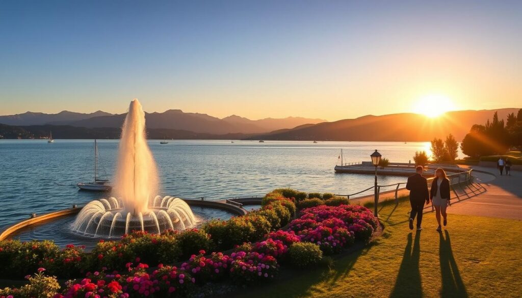 A scenic view of Geneva, Switzerland, showcasing the iconic Jet d'Eau fountain in the foreground, surrounded by vibrant flowerbeds and lush greenery. In the middle ground, the serene Lake Geneva reflects the clear blue sky, with sailboats gently gliding across the water. The background features the majestic Alps under a warm, golden sunset, casting a magical glow over the landscape. A few people in smart casual attire stroll along the lakeside promenade, enjoying the picturesque scenery. The lighting is soft and warm, creating a peaceful and inviting atmosphere, perfect for concluding a week of exploration in Switzerland. Capture the beauty and tranquility of this moment with a focus on depth and composition, employing a wide-angle lens to enhance the panoramic view.