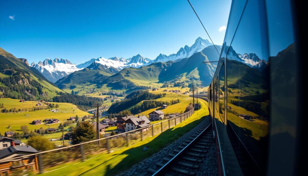 A scenic view of a Lucerne to Interlaken train traveling through the majestic Swiss Alps, showcasing the vibrant green valleys and snow-capped mountains. In the foreground, the modern train glides along the tracks, its sleek design contrasting with the stunning natural landscape. The middle ground features rolling hills dotted with lush pastures and quaint chalets, while the background reveals dramatic mountain peaks under a clear blue sky. Soft sunlight bathes the scene, casting gentle shadows and highlighting the train’s polished exterior. Capture this breathtaking moment with a panoramic lens, emphasizing the grandeur of the Alps and the serene beauty of the journey. The mood is tranquil and inspiring, reflecting the essence of traveling through Switzerland’s alpine heart. A scenic view of a Lucerne to Interlaken train traveling through the majestic Swiss Alps, showcasing the vibrant green valleys and snow-capped mountains. In the foreground, the modern train glides along the tracks, its sleek design contrasting with the stunning natural landscape. The middle ground features rolling hills dotted with lush pastures and quaint chalets, while the background reveals dramatic mountain peaks under a clear blue sky. Soft sunlight bathes the scene, casting gentle shadows and highlighting the train’s polished exterior. Capture this breathtaking moment with a panoramic lens, emphasizing the grandeur of the Alps and the serene beauty of the journey. The mood is tranquil and inspiring, reflecting the essence of traveling through Switzerland’s alpine heart.