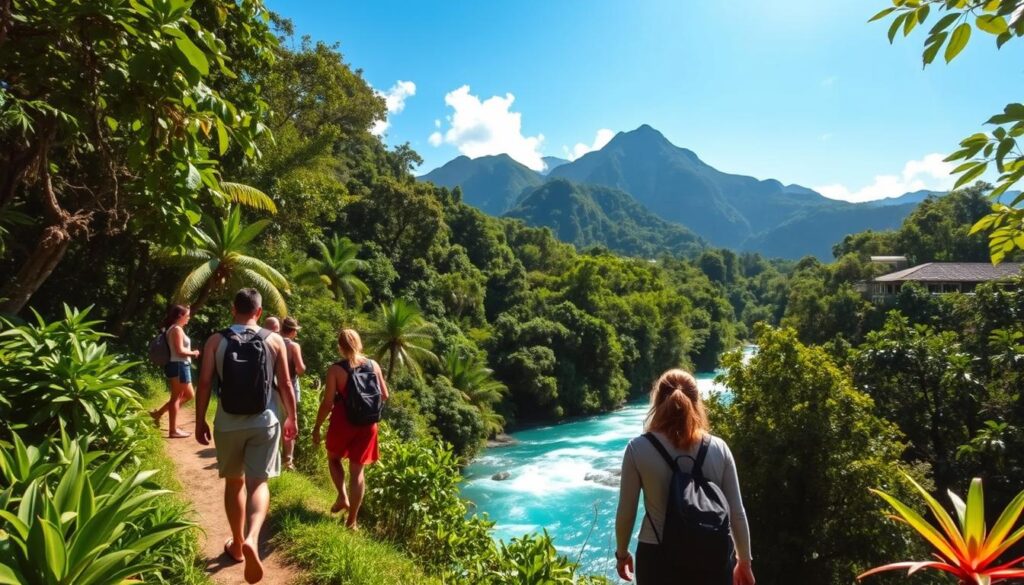 A serene Jamaica eco-tour scene showcasing a lush, tropical rainforest. In the foreground, a small group of travelers in modest casual clothing explore a vibrant, green jungle trail, engaging with nature as they observe local wildlife. The middle ground features a sparkling blue river flowing gently, with lush foliage framing its banks. In the background, majestic mountains rise under a clear blue sky, dappled sunlight filtering through the tree canopy, creating a warm and inviting atmosphere. The image captures the tranquility and beauty of Jamaica's natural landscape, with vibrant greens and hints of colorful flowers, conveying a sense of adventure and connection with nature. The lighting is soft and natural, emphasizing the serene mood of eco-tourism.