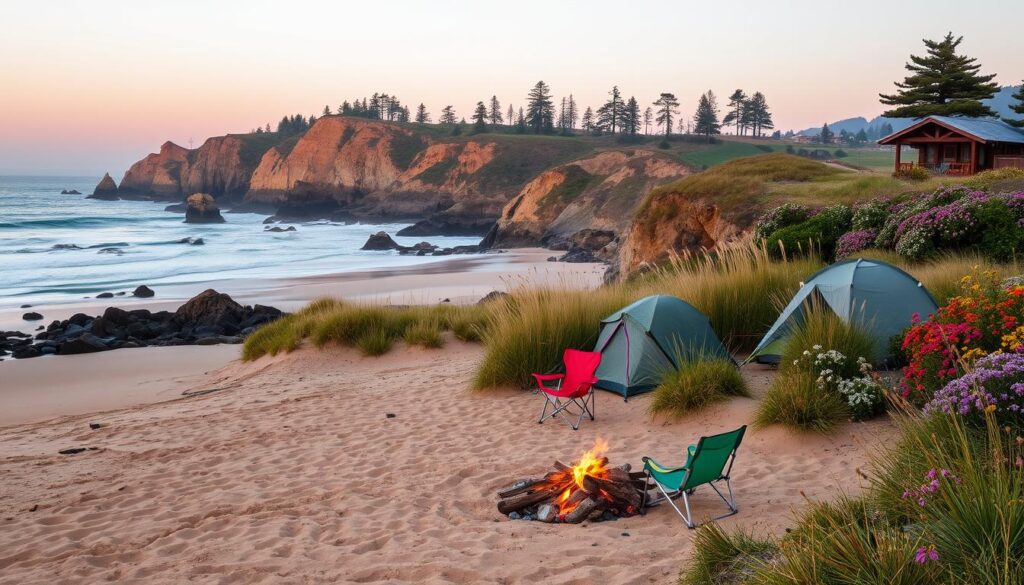 A serene camping scene along the Central and Northern California coast, featuring a picturesque beach with golden sand and gentle waves lapping at the shore. In the foreground, a cozy campfire is surrounded by a few colorful camping chairs, with a tent set up nearby, suggesting a peaceful retreat. The middle ground showcases lush coastal vegetation, including vibrant wildflowers and tall grasses swaying in the breeze. In the background, majestic cliffs rise above the ocean, dotted with pine trees. The sky is painted with warm evening light, casting a soft glow over the landscape, creating a tranquil and inviting atmosphere. The image captures the essence of California's natural beauty, perfect for outdoor enthusiasts. A serene camping scene along the Central and Northern California coast, featuring a picturesque beach with golden sand and gentle waves lapping at the shore. In the foreground, a cozy campfire is surrounded by a few colorful camping chairs, with a tent set up nearby, suggesting a peaceful retreat. The middle ground showcases lush coastal vegetation, including vibrant wildflowers and tall grasses swaying in the breeze. In the background, majestic cliffs rise above the ocean, dotted with pine trees. The sky is painted with warm evening light, casting a soft glow over the landscape, creating a tranquil and inviting atmosphere. The image captures the essence of California's natural beauty, perfect for outdoor enthusiasts.