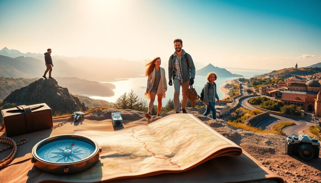 A serene landscape depicting various travel journeys and adventures. In the foreground, a beautifully arranged collection of travel-themed objects: a compass, an open map with a route marked, and a vintage camera, all bathed in soft golden sunlight. The middle ground features diverse travelers in modest clothing, joyfully exploring different terrains—one standing atop a mountain, another walking through a lush forest, and a third crossing a quaint cobblestone street in an old town, all with expressions of wonder and excitement. The background is a blend of majestic mountains, tranquil beaches, and winding roads under a bright blue sky, conveying a sense of endless exploration. The warm, inviting lighting and balanced composition evoke a feeling of inspiration and adventure, perfect for capturing the essence of travel quotes.