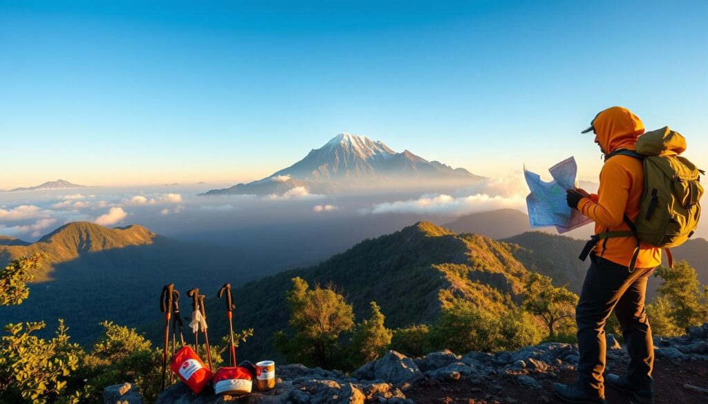 A serene scene depicting Mount Kinabalu, showcasing its majestic peaks under a clear blue sky at dawn, with soft golden sunlight illuminating the rocky terrain. In the foreground, a hiker in professional outdoor clothing stands attentively, studying a detailed map, highlighting the importance of preparation and safety. Surrounding the hiker are essential gear items such as trekking poles, a first-aid kit, and proper footwear, emphasizing climber readiness. In the middle ground, the lush greenery of the rainforest frames the base of the mountain, transitioning to rugged ascents leading upward. The background features distant mountain ridges enveloped in a gentle mist, creating a sense of adventure and caution. The mood is hopeful yet respectful, capturing the spirit of safe climbing practices in a breathtaking natural setting.