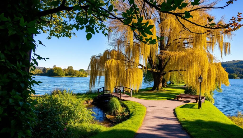 A serene view of Ness Islands in Inverness, Scotland, captured along the banks of the River Ness. In the foreground, lush green foliage and tranquil pathways invite leisurely strolls, while a wooden footbridge crosses a small stream, adding a charming element. The middle ground features majestic trees, their leaves turning golden in early autumn light, creating a warm, inviting atmosphere. The background reveals the soft ripples of the river under a clear blue sky. Sunlight filters through the branches, casting gentle shadows and highlighting the vibrant colors of flowers in bloom. The scene conveys a peaceful, idyllic mood with a sense of tranquility, perfect for a leisurely walk through nature. The image should be shot at a slight angle, emphasizing depth and creating an inviting perspective. A serene view of Ness Islands in Inverness, Scotland, captured along the banks of the River Ness. In the foreground, lush green foliage and tranquil pathways invite leisurely strolls, while a wooden footbridge crosses a small stream, adding a charming element. The middle ground features majestic trees, their leaves turning golden in early autumn light, creating a warm, inviting atmosphere. The background reveals the soft ripples of the river under a clear blue sky. Sunlight filters through the branches, casting gentle shadows and highlighting the vibrant colors of flowers in bloom. The scene conveys a peaceful, idyllic mood with a sense of tranquility, perfect for a leisurely walk through nature. The image should be shot at a slight angle, emphasizing depth and creating an inviting perspective.