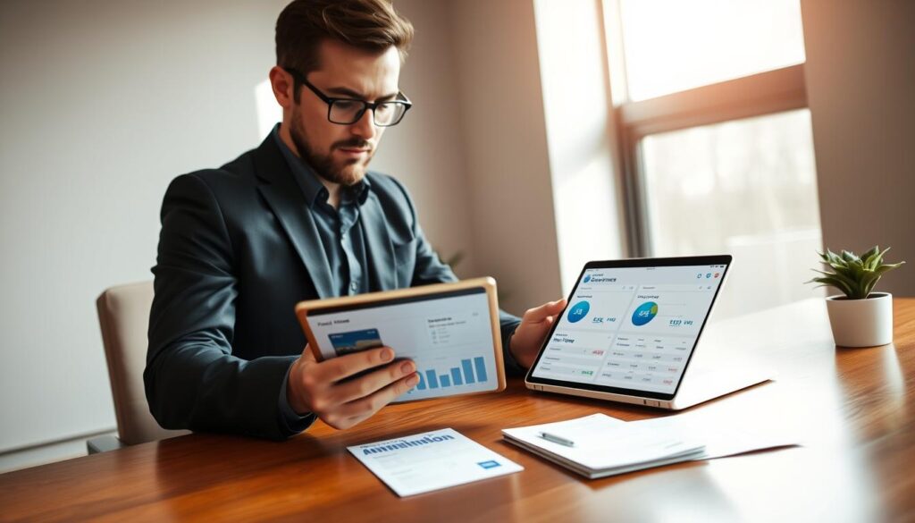 A sleek, modern office space serves as the background, featuring a polished wooden desk and a stylish laptop open to a financial analysis dashboard. In the foreground, a well-dressed professional in a business suit or smart casual attire is intently evaluating potential credit score and income data on a tablet, reflecting a moment of consideration before applying for the Amex Platinum card. Soft, natural lighting filters through a large window, creating a warm, inviting atmosphere. On the desk are a few financial documents neatly arranged, hinting at thorough preparation, while a potted plant adds a touch of greenery. The image conveys a sense of professionalism, focus, and confidence in assessing approval odds, framed from a slightly elevated angle to capture the details effectively.