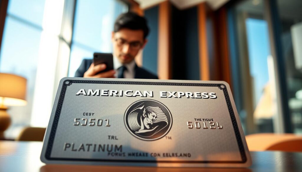 A sleek, shiny American Express Platinum card prominently displayed in the foreground, set against a softly blurred backdrop of an elegant office environment. Delicate reflections on the card's surface highlight the iconic Amex logo and unique details. In the middle ground, a stylish business professional in a tailored suit examines a smartphone, symbolizing research into bonus offers. Warm, natural lighting creates an inviting atmosphere, enhancing the sense of sophistication and professionalism. The scene conveys a mood of careful consideration and strategic planning, emphasizing the importance of avoiding common mistakes when evaluating welcome bonuses. The angle should be slightly tilted downward to focus on the card and the individual, framed to evoke an engaging narrative about financial decision-making.