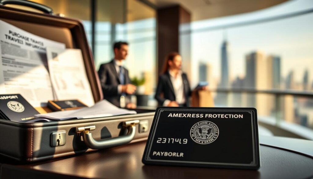 A sleek, sophisticated image depicting the benefits of the Amex Platinum Card. In the foreground, a polished black credit card is prominently displayed, reflecting light to emphasize its luxurious texture. To the left, a briefcase is open, revealing travel essentials like a passport, travel insurance forms, and receipts, alluding to purchase protection and travel insurance benefits. The middle section features a vibrant travel scene—a luxury hotel lobby with a concierge assisting a well-dressed business professional, conveying modern elegance and service. In the background, a soft-focus city skyline suggests travel opportunities. Soft natural lighting creates an inviting atmosphere, and the angle is slightly elevated to capture the richness and depth of the benefits being illustrated. The overall mood is professional and aspirational, ensuring a sense of security and privilege.