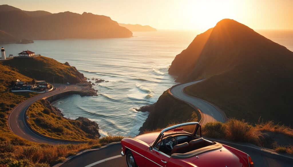 A stunning coastal view of the Pacific Coast Highway, with a winding road hugging the cliffs along the rugged shoreline. In the foreground, a classic convertible car drives along the scenic route, its bright colors contrasting against the lush greenery of the hills. In the middle ground, several iconic stops are depicted: a picturesque lighthouse, charming coastal towns with inviting cafes, and surfers catching waves in the sparkling ocean. The background features towering cliffs and a vibrant sunset, casting warm golden light across the scene. The atmosphere is adventurous and relaxed, evoking the spirit of a classic California road trip. The image captures the essence of freedom and exploration, inviting viewers to embark on their journey along this legendary highway. A stunning coastal view of the Pacific Coast Highway, with a winding road hugging the cliffs along the rugged shoreline. In the foreground, a classic convertible car drives along the scenic route, its bright colors contrasting against the lush greenery of the hills. In the middle ground, several iconic stops are depicted: a picturesque lighthouse, charming coastal towns with inviting cafes, and surfers catching waves in the sparkling ocean. The background features towering cliffs and a vibrant sunset, casting warm golden light across the scene. The atmosphere is adventurous and relaxed, evoking the spirit of a classic California road trip. The image captures the essence of freedom and exploration, inviting viewers to embark on their journey along this legendary highway.