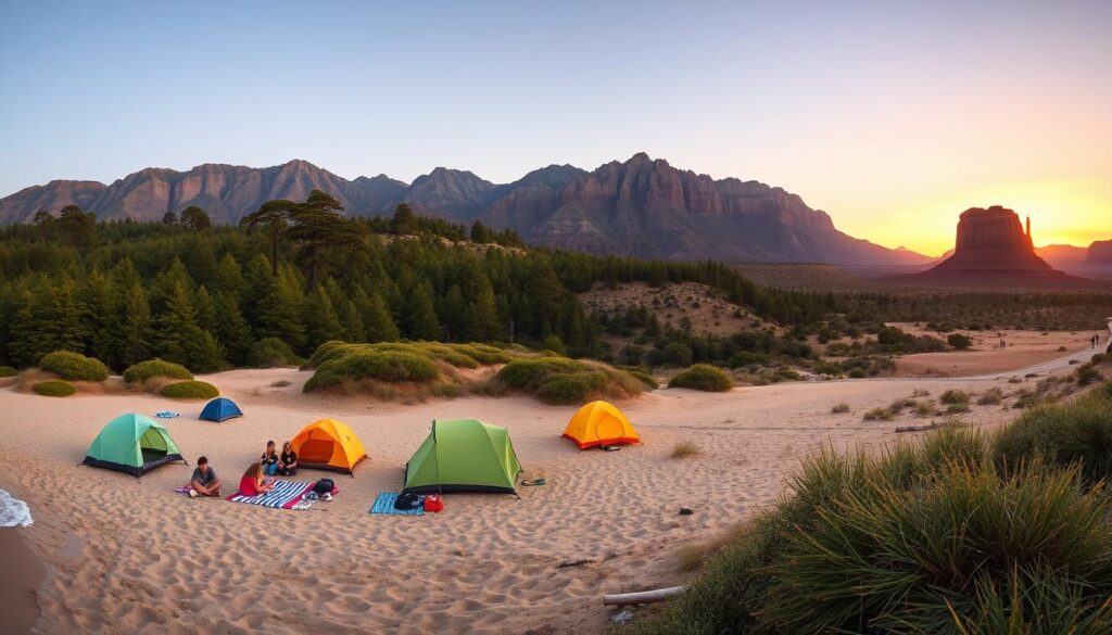 A stunning panoramic view of diverse California campgrounds showcasing vibrant landscapes. In the foreground, family campers set up tents on a sandy beach with gentle waves lapping nearby, surrounded by colorful beach towels and picnic gear. In the middle ground, a lush green forest with tall pines contrasts with a rugged mountain range, where hikers can be seen navigating trails. On the opposite side, arid desert formations rise against a brilliant sunset, painting the sky in warm oranges and purples. The lighting is soft, creating a warm and inviting atmosphere, with a focal length that captures the entire scenery from a slightly elevated angle. The mood is tranquil and adventurous, reflecting the spirit of outdoor exploration in California. A stunning panoramic view of diverse California campgrounds showcasing vibrant landscapes. In the foreground, family campers set up tents on a sandy beach with gentle waves lapping nearby, surrounded by colorful beach towels and picnic gear. In the middle ground, a lush green forest with tall pines contrasts with a rugged mountain range, where hikers can be seen navigating trails. On the opposite side, arid desert formations rise against a brilliant sunset, painting the sky in warm oranges and purples. The lighting is soft, creating a warm and inviting atmosphere, with a focal length that captures the entire scenery from a slightly elevated angle. The mood is tranquil and adventurous, reflecting the spirit of outdoor exploration in California.