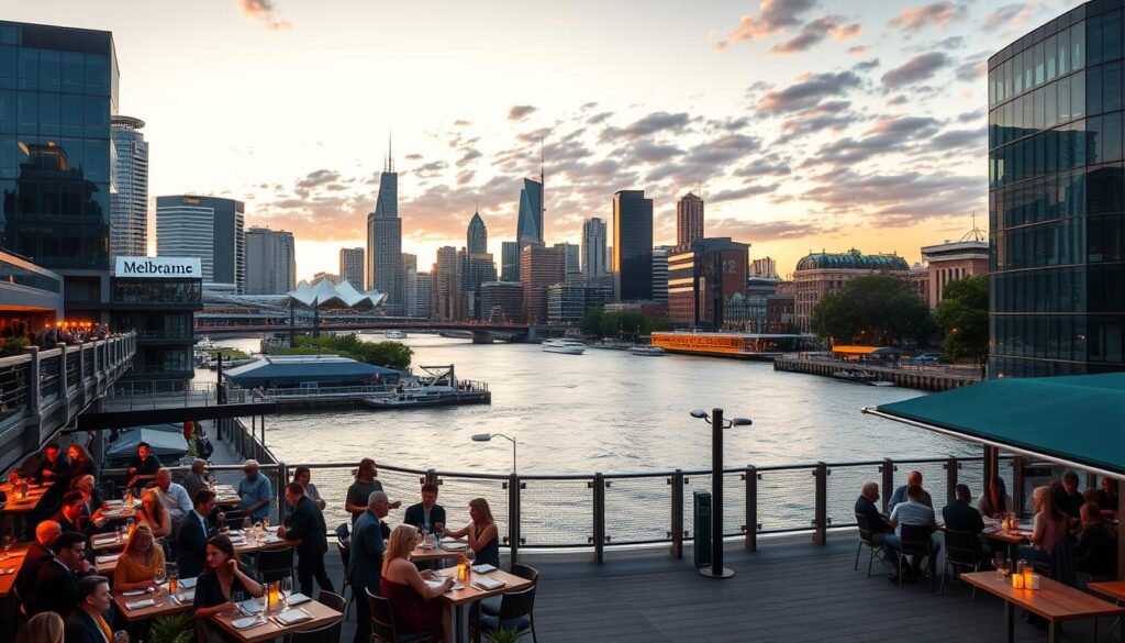 A stunning view of Melbourne's Southbank and South Wharf at sunset, showcasing the vibrant riverside atmosphere. In the foreground, elegant outdoor dining areas with patrons dressed in smart casual attire enjoying their meals. The middle ground features the iconic Melbourne skyline, highlighting the modern architecture of high-rise buildings and cultural landmarks like the Arts Centre and the Melbourne Convention and Exhibition Centre. The Yarra River flows gently, reflecting the warm hues of the sunset. In the background, soft clouds scatter the sky, creating a serene and inviting mood. The image captures a sense of cultural richness and urban sophistication, with warm, inviting lighting and a slightly elevated angle for a comprehensive view of this beautiful area.
