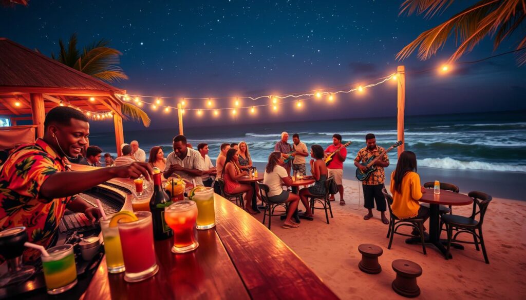 A vibrant Jamaican nightlife scene set on a lively beach bar. In the foreground, colorful cocktails are served on a wooden bar, with a bartender in a brightly colored shirt skillfully mixing drinks. In the middle, groups of friends in casual, stylish attire are laughing and enjoying themselves around tables adorned with twinkling lights. Live musicians play reggae music to the side, their vibrant instruments gleaming under warm, ambient lighting. In the background, a clear night sky filled with stars looms over the ocean, where gentle waves lap at the shore. The atmosphere is energetic and festive, inviting viewers to feel the rhythm of the night and the joy of Jamaican culture. Camera angle is slightly elevated, capturing both the excitement of the crowd and the beauty of the beach setting.