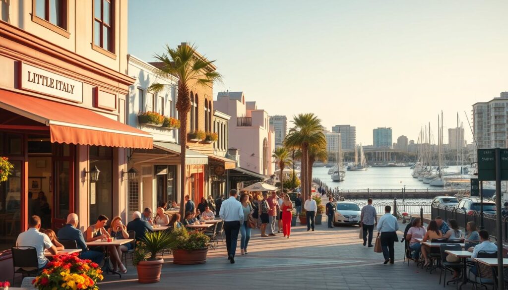 A vibrant and inviting scene depicting the neighborhood of Little Italy in San Diego, showcasing colorful storefronts with outdoor dining areas filled with well-dressed patrons enjoying Italian cuisine. In the foreground, a charming pedestrian-friendly street with potted flowers and café tables, creating a welcoming atmosphere. In the middle ground, the iconic waterfront with sailboats and palm trees under clear blue skies, capturing the essence of a sunny day. The background features a picturesque skyline with modern buildings contrasting against the historic architecture of the area. The lighting is warm and inviting, suggesting early evening, with soft golden hour tones that enhance the lively mood of this walkable urban space. The composition should evoke a sense of relaxation and enjoyment, perfect for visitors exploring vibrant dining options.