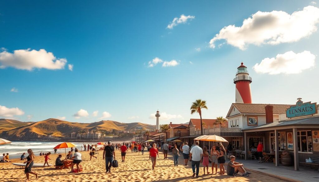 A vibrant coastal scene showcasing Ocean Beach and Point Loma in San Diego. In the foreground, a lively beach with golden sands, dotted with people walking and enjoying the sun, all dressed in modest casual attire. Families picnic under colorful umbrellas, while surfers catch waves just offshore. In the middle ground, charming beachfront cafes and shops line the boardwalk, featuring rustic architecture with local art displayed. The background features rolling hills and the iconic Point Loma lighthouse against a clear blue sky, with fluffy white clouds scattered above. The lighting is warm and inviting, capturing the essence of a sunny day at the beach, with the atmosphere infused with a laid-back, friendly vibe that reflects the local personality of these neighborhoods.