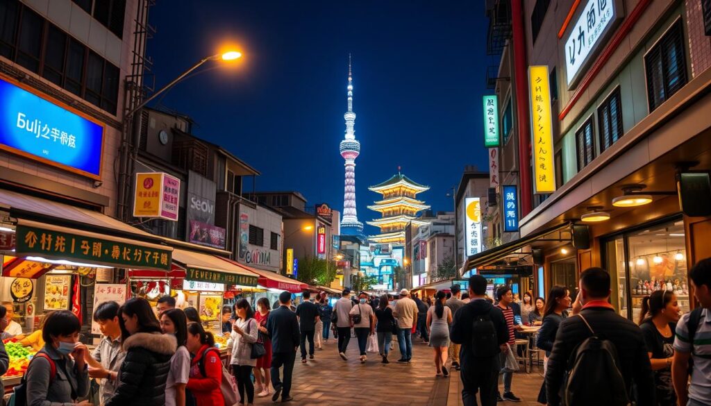 A vibrant night scene in Euljiro and Itaewon, illustrating Seoul's nightlife for first-time visitors. In the foreground, a lively street filled with modestly dressed people enjoying street food from colorful stalls, and street performers entertaining passersby. The middle ground features modern cafes and bars glowing warmly, with people gathered around outdoor seating, laughing and socializing. The background showcases the iconic N Seoul Tower lit up against a deep blue night sky, adding a sense of place. Soft streetlights cast a warm, inviting glow over the scene, with light reflections on wet pavement enhancing the atmosphere. Capture this bustling, dynamic energy, emphasizing the excitement and diversity of Seoul at night with a slightly wide-angle view.
