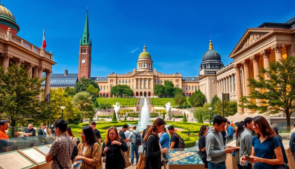 A vibrant scene depicting Ottawa's rich cultural offerings, featuring iconic museums such as the Canadian Museum of History and the National Gallery of Canada in the background. The foreground showcases a diverse group of visitors, dressed in professional and modest casual attire, engaging thoughtfully with interactive exhibits. The middle layer captures elegant architecture blending with beautiful surrounding green spaces, creating a picturesque setting. Soft, warm lighting enhances the atmosphere, while a slight angle from a low viewpoint draws the eye upwards towards the grandeur of the museums. The mood is inviting and educational, encouraging exploration and appreciation of Ottawa's cultural heritage.