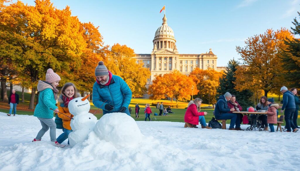 A vibrant scene depicting families enjoying fun activities in Ottawa during different seasons. In the foreground, a family with children is building a snowman while wearing warm winter clothing, showcasing joy and laughter amidst fresh snow. In the middle ground, a lush park with colorful tree foliage in autumn, where other families partake in picnics and play, captures a sense of community and leisure. The background features the iconic Parliament Hill bathed in warm golden sunlight, highlighting its grand architecture against a clear blue sky. Soft, inviting lighting creates a cheerful atmosphere, with a wide-angle view that enhances the feeling of openness and togetherness. This picturesque moment encapsulates the essence of Ottawa's family-friendly experiences throughout the year.