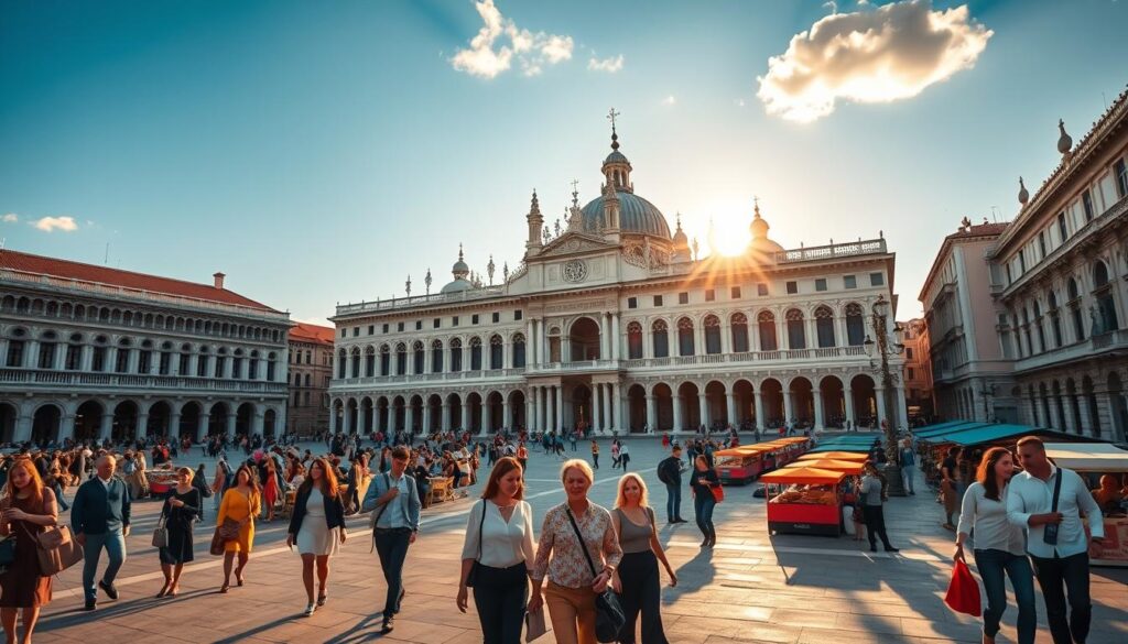 A vibrant scene of Doge’s Palace and St. Mark’s Square in Venice, captured during the golden hour. In the foreground, the intricate details of Doge’s Palace's Gothic facade stand out, featuring ornate arches and statue-topped towers. Elegant tourists in modest casual clothing wander the square, admiring the architecture. The middle ground showcases the vast, bustling piazza filled with visitors, street performers, and vibrant café setups, adding life to the scene. In the background, the majestic basilica glimmers under soft sunlight, framed by a clear blue sky with a few fluffy clouds. The atmosphere is lively yet serene, reflecting the charm of Venice, with a focus on the historic beauty and cultural ambiance of the area. The composition should be wide-angle, providing a sweeping view of the square, enhancing depth and perspective.