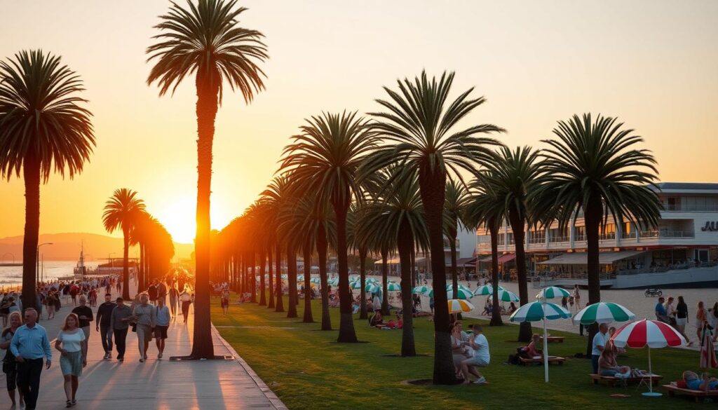 A vibrant scene of St Kilda beach at sunset, showcasing the iconic palm trees and the picturesque beachfront promenade. In the foreground, include people in modest casual clothing strolling along the boardwalk, enjoying the atmosphere. In the middle ground, capture families and friends having picnics on the grassy areas, with colorful beach umbrellas dotting the shore. The background features the golden sun dipping below the horizon, casting warm orange and pink hues across the sky and reflecting on the calm waters of Port Phillip Bay. The image should have a soft, inviting lighting quality, evoking a relaxed, cheerful mood. Focus on a wide-angle perspective to encompass the lively beachside vibe, with clear details of the surrounding cafes and shops lining the promenade.