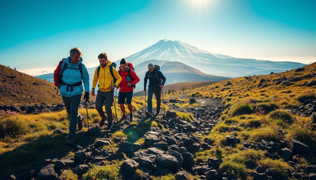A vibrant scene of hikers trekking up Mount Kilimanjaro, focusing on their interaction and respect for nature. In the foreground, a diverse group of four hikers, wearing brightly colored, modest outdoor apparel, are seen helping each other navigate rocky terrain. They show camaraderie and mindfulness of their surroundings. In the middle ground, the winding trail ascends amidst lush greenery and scattered wildflowers, illustrating the beauty of the landscape. In the background, the majestic snow-capped summit of Kilimanjaro looms against a clear blue sky, with soft, warm sunlight illuminating the scene. The atmosphere is one of adventure and respect for nature, capturing the essence of trekking etiquette. Use a wide-angle lens for depth, with soft focus on the background to highlight the hikers in action.