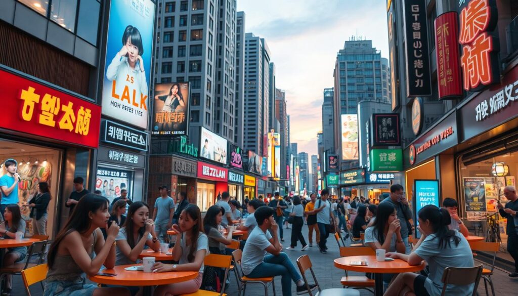 A vibrant street scene in Hongdae, Seoul, known for its nightlife and youthful energy. In the foreground, young adults in casual attire enjoy coffee al fresco at colorful café tables, engaging in lively conversation. The middle ground features trendy shops with neon signs and street art, while musicians perform nearby, adding to the energetic atmosphere. The background showcases modern high-rise buildings adorned with illuminated billboards under a dusky twilight sky, hinting at the dynamic nightlife. Soft, warm lighting bathes the scene, creating an inviting mood. The camera angle is slightly elevated, capturing the bustling street life and the essence of youthful exuberance in this popular district.