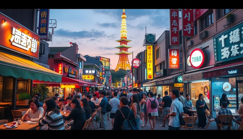 A vibrant street scene in Itaewon and Hannam-dong, showcasing a lively international dining atmosphere at dusk. In the foreground, a diverse group of people in modest casual attire enjoy outdoor dining at colorful cafés with terrace seating, surrounded by soft, ambient string lights. The middle ground features a variety of restaurants with distinct architectural styles, each adorned with bright signage in multiple languages. The background captures the iconic Namsan Tower illuminated against a twilight sky, symbolizing Seoul’s blend of tradition and modernity. The overall mood is energetic and inviting, with warm golden hour lighting casting a friendly glow across the scene. The angle is slightly elevated, offering a panoramic view of the bustling area, emphasizing its dynamic nightlife and cosmopolitan vibe.