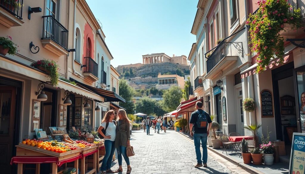 A vibrant street scene in a charming Athens neighborhood, showcasing a mix of modern and classic architecture with bustling cafes and boutique shops lining the streets. In the foreground, a couple of travelers in modest casual clothing are engaging with a local shopkeeper beside a colorful market stall featuring fresh fruits and artisan goods. The middle ground displays a cozy hotel with inviting outdoor seating, surrounded by lush greenery and blooming flowers. In the background, the iconic Acropolis stands majestically under a clear blue sky, with soft sunlight casting warm shadows across the cobblestone streets. The atmosphere is lively and welcoming, capturing the essence of Athens as a quintessential destination for first-time visitors. The image should have a bright and cheerful ambiance, evoking a sense of adventure and exploration.