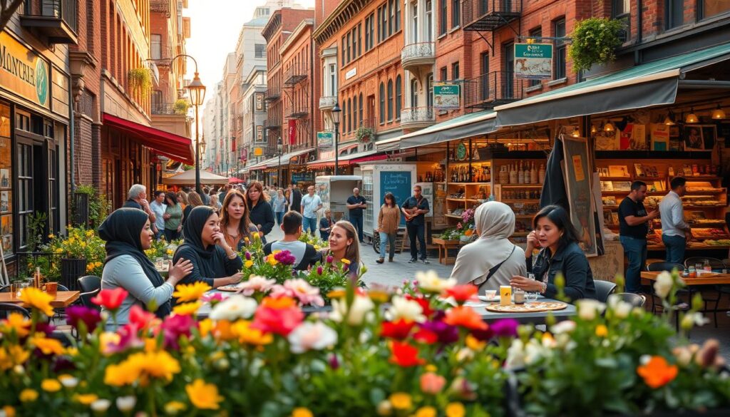 A vibrant street scene in the Mile End neighborhood of Montreal, filled with an array of charming cafes, art galleries, and bustling food markets. In the foreground, a group of diverse people in casual, modest clothing enjoy a meal at an outdoor patio, with colorful flowers and greenery surrounding them. The middle ground features a lively artisan market showcasing local foods and crafts, with musicians playing in the background. In the backdrop, iconic Montreal architecture, including brick buildings and bustling streets, creates a lively atmosphere under soft, golden hour lighting, enhancing the warmth of the scene. The angle captures the essence of community and culture, inviting viewers to immerse themselves in this vibrant neighborhood.