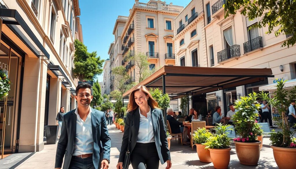 A vibrant street scene in the upscale Kolonaki neighborhood of Athens, showcasing trendy boutiques and elegant cafés. In the foreground, a stylish couple in professional attire strolls past a chic storefront, their expressions reflecting joy and sophistication. The middle ground features a cozy outdoor café with patrons enjoying their drinks amid lush greenery and tasteful décor. In the background, the impressive architecture of Kolonaki's buildings, with classic Greek design elements, rises against a clear blue sky. Sunlight bathes the scene in a warm glow, highlighting the colorful flower pots that adorn the walkways. Capture this dynamic atmosphere with a slightly angled perspective to enhance depth and engage the viewer, creating an inviting and luxurious feel that embodies the essence of this fashionable district.