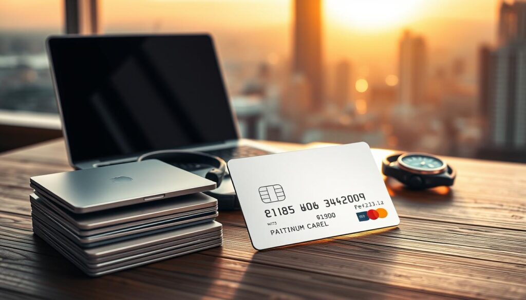 A visually striking composition showcasing "platinum rewards" in the foreground, featuring an elegant stack of premium credit cards with a shiny silver platinum card prominently displayed at the top. In the middle, a sophisticated wooden table partially covered with high-end lifestyle items, such as a sleek laptop, a pair of luxury headphones, and a stylish watch, all symbolizing the affluent experience associated with reward points. The background should have a soft-focus cityscape, illuminated by a warm golden sunset, hinting at luxury travel destinations. Use soft, ambient lighting to create an inviting and upscale atmosphere, captured from a slightly elevated angle to emphasize depth. The overall mood should evoke a sense of financial empowerment and aspirational living, tailored for professionals seeking to optimize their rewards through smart management.