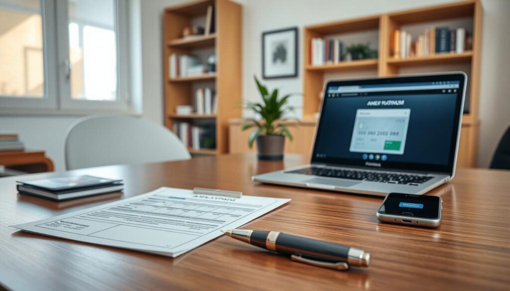 A well-organized desk scene highlighting the Amex Platinum card application process. In the foreground, there’s a polished wooden table with a sleek, partially completed application form and an elegant fountain pen resting beside it. The middle ground features a laptop displaying financial metrics and a web browser with the Amex Platinum application page open. A smartphone with a notification icon is nearby, hinting at a crucial decision waiting. The background shows an inviting, soft-lit office with shelves holding finance books and a potted plant for a touch of warmth. Natural light streams in through a window, creating a professional yet relaxed atmosphere, emphasizing the theme of reviewing an important application decision. The image should evoke a sense of focus and determination, suitable for someone taking their next financial step.