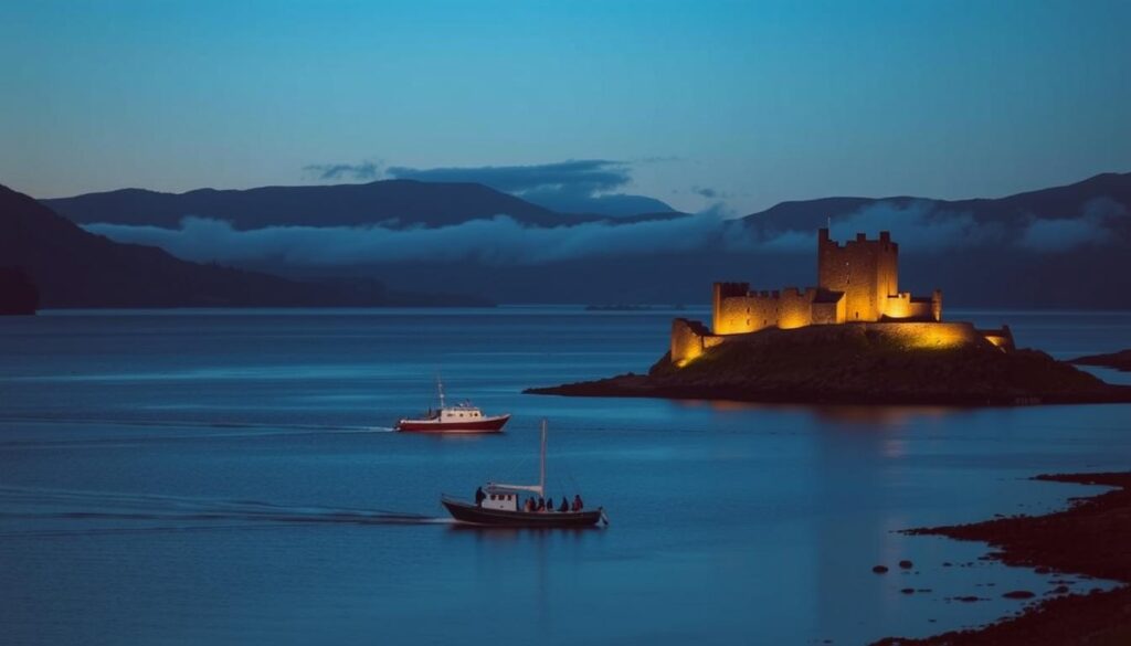 Loch Ness at dusk, with a serene view of the water reflecting the deep blue sky. In the foreground, a silhouette of Urquhart Castle, perched on the shores, showcasing its historic ruins and stone walls, under soft, warm lantern light. The middle layer features a small boat gently drifting in the water, with a few tourists exploring the iconic loch. In the background, rolling hills are partially shrouded in mist, creating an enchanting atmosphere. The scene is illuminated by the golden hues of the setting sun, enhancing the tranquility of this picturesque location. Capture this panoramic landscape with a focus on depth and perspective, using a wide-angle lens to emphasize the vastness of Loch Ness and the grandeur of Urquhart Castle. Loch Ness at dusk, with a serene view of the water reflecting the deep blue sky. In the foreground, a silhouette of Urquhart Castle, perched on the shores, showcasing its historic ruins and stone walls, under soft, warm lantern light. The middle layer features a small boat gently drifting in the water, with a few tourists exploring the iconic loch. In the background, rolling hills are partially shrouded in mist, creating an enchanting atmosphere. The scene is illuminated by the golden hues of the setting sun, enhancing the tranquility of this picturesque location. Capture this panoramic landscape with a focus on depth and perspective, using a wide-angle lens to emphasize the vastness of Loch Ness and the grandeur of Urquhart Castle.