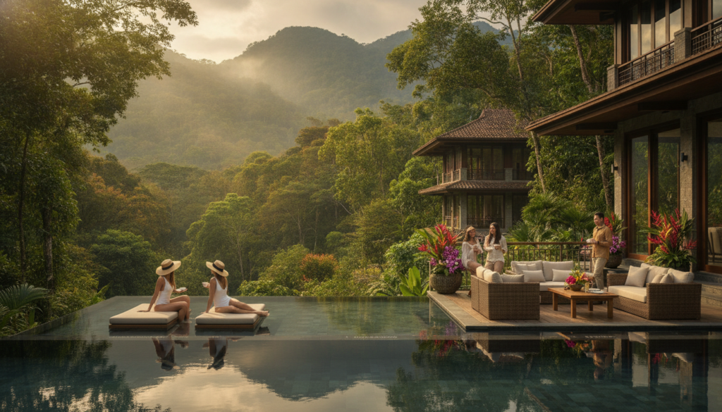 A breathtaking Costa Rican luxury vacation scene showcasing an upscale resort nestled in a tropical rainforest. In the foreground, a serene infinity pool reflects the lush greenery surrounding it, while guests in elegant, modest swimwear relax on loungers. The middle ground features a beautifully landscaped terrace with comfortable seating, surrounded by vibrant flowers. In the background, majestic mountains rise above the treetops, partially obscured by gentle mist. Soft, golden sunlight filters through the leaves, creating a warm and inviting atmosphere. The lens captures a wide-angle view, emphasizing both the tranquility of nature and the opulence of the resort, evoking a sense of wellness and indulgence. The overall feeling is one of relaxation and luxury, perfect for travelers seeking customized wellness experiences in paradise.