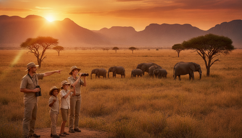 A breathtaking view of an African safari destination, featuring a vast savanna landscape under a golden sunset. In the foreground, a family of four in modest safari attire—two adults and two children—are observing wildlife through binoculars, smiling and sharing a moment. In the middle ground, a group of majestic elephants grazes peacefully, surrounded by acacia trees and tall grass. In the background, distant mountains touch the sky, blending into the rich colors of sunset. The lighting is warm and soft, casting a serene ambiance, with a slight lens flare to enhance the dreamlike quality of the scene. The atmosphere conveys excitement and adventure, inviting viewers to embark on a safari journey. A breathtaking view of an African safari destination, featuring a vast savanna landscape under a golden sunset. In the foreground, a family of four in modest safari attire—two adults and two children—are observing wildlife through binoculars, smiling and sharing a moment. In the middle ground, a group of majestic elephants grazes peacefully, surrounded by acacia trees and tall grass. In the background, distant mountains touch the sky, blending into the rich colors of sunset. The lighting is warm and soft, casting a serene ambiance, with a slight lens flare to enhance the dreamlike quality of the scene. The atmosphere conveys excitement and adventure, inviting viewers to embark on a safari journey.