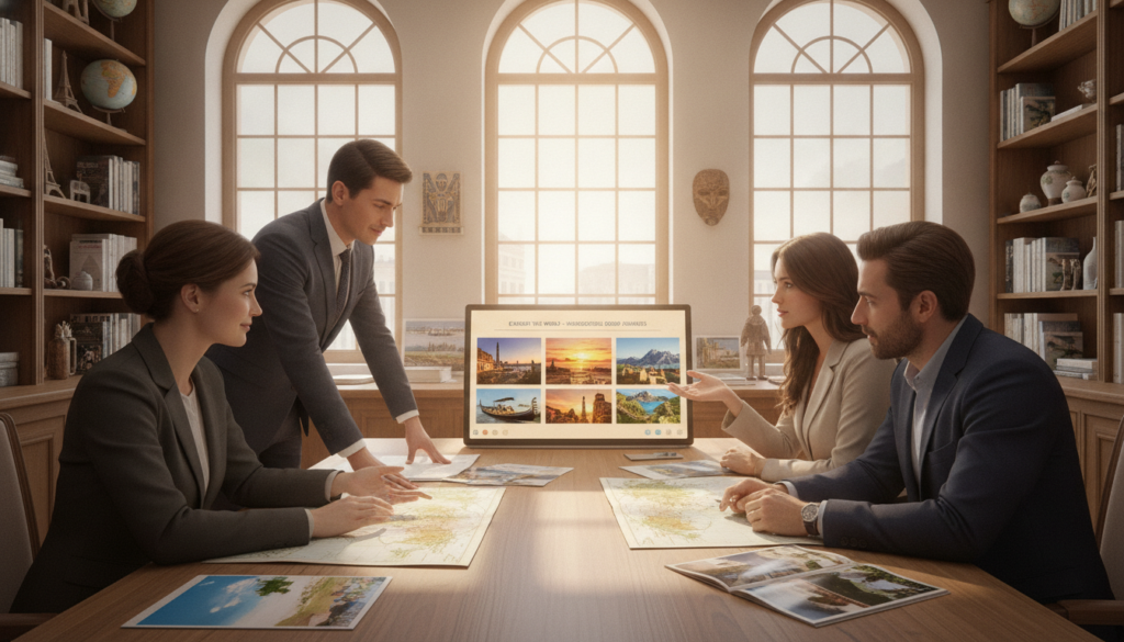 A bright and inviting travel agency office with a large, elegant table in the foreground, surrounded by a diverse group of five professionals in business attire engaged in a lively discussion. Each person is examining detailed maps and vibrant brochures showcasing various global destinations like tropical beaches, bustling cities, and serene landscapes. In the middle, a large digital screen displays a colorful slide show of potential travel destinations and itineraries, casting a warm glow across the room. The background features shelves filled with travel books and souvenirs, with large windows allowing natural light to flood in, creating a cheerful atmosphere. The overall mood is collaborative and inspiring, suggesting enthusiasm for planning unforgettable group travels.