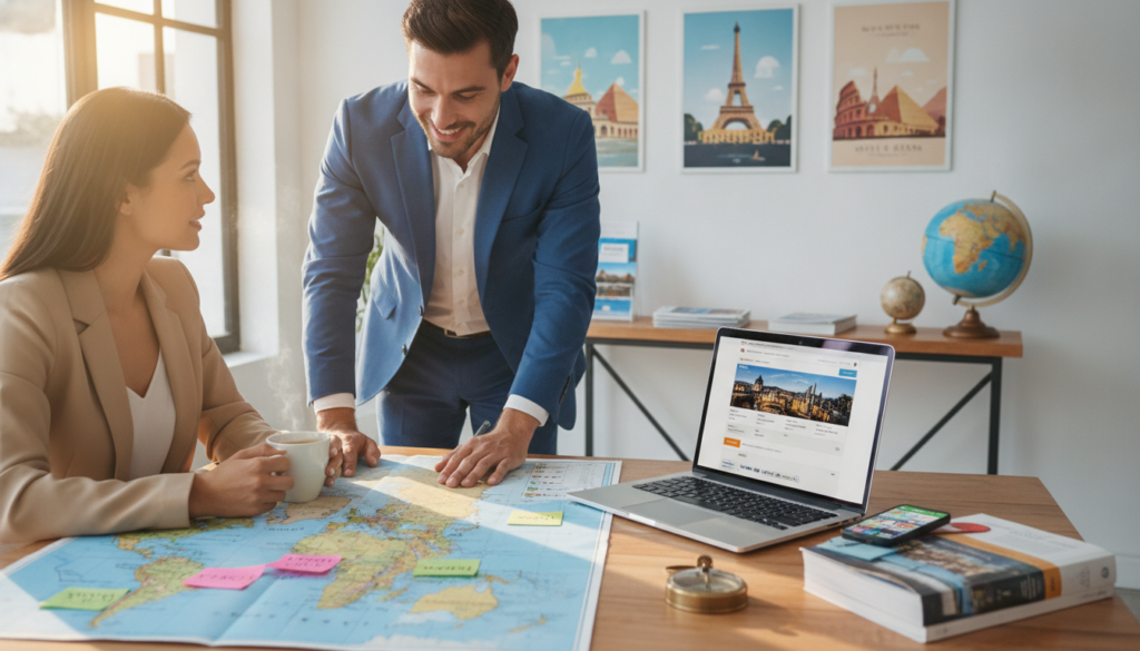 A bright, modern workspace filled with travel planning materials. In the foreground, a well-organized desk showcases a large map, sticky notes with travel destinations, and a laptop displaying a travel booking website. A travel agent, dressed in professional business attire, is engaging with a client across the desk, pointing at the map. The middle ground features an open travel guidebook and a smartphone with travel apps displayed. The background reveals a wall decorated with travel posters and a globe. Soft, natural light streams through a large window, creating an inviting atmosphere. The overall mood is vibrant and focused, reflecting the excitement of planning an international trip.