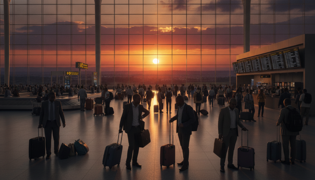 A bustling Nairobi airport scene during the golden hour, showcasing travelers navigating through the terminal. In the foreground, a diverse group of people in professional business attire and modest casual clothing are engaging with their luggage, appearing focused yet relaxed. The middle ground features vibrant airport signage, various travel bags, and a few coffee shops where travelers are sipping beverages. In the background, large glass windows reveal a stunning view of distant Kenyan landscapes and the setting sun casting a warm, golden glow across the scene. The atmosphere feels dynamic and vibrant, conveying a sense of anticipation and adventure. Soft, natural lighting enhances the welcoming ambiance, while a wide-angle lens captures the expanse of the terminal, emphasizing the busy yet efficient flow of travelers.