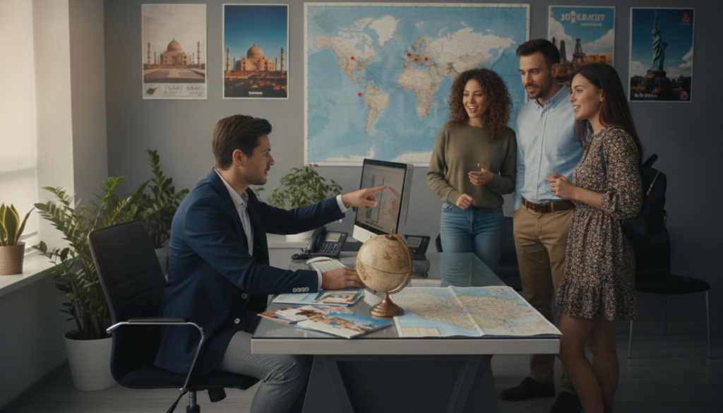 A busy travel agency office specializing in international flights, featuring a well-dressed travel agent in a smart blazer and trousers, attentively reviewing flight options on a computer. In the foreground, a sleek desk with travel brochures, maps, and a globe. The middle section shows the agent engaged in a conversation with a diverse group of clients, who appear excited and curious, dressed in modest casual clothing. The background displays a large world map and various travel posters highlighting global destinations. The lighting is warm and inviting, creating a professional yet friendly atmosphere, with soft natural light filtering through a window. Shot from a slightly elevated angle to capture the dynamic interactions and detailed office environment.