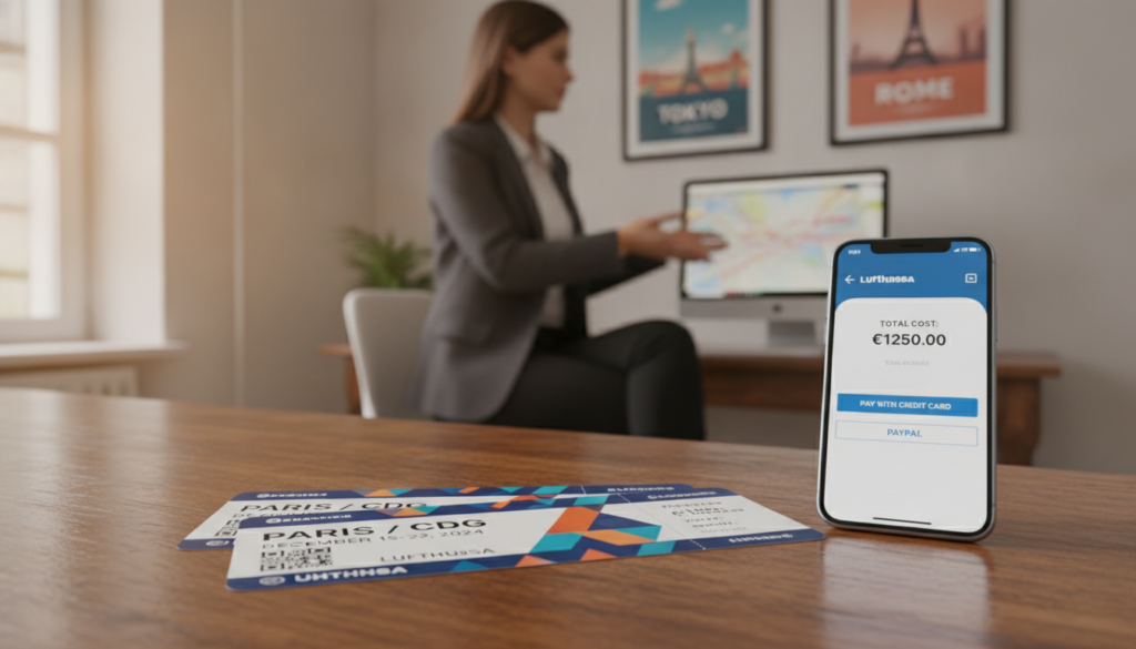 A close-up image of two airline tickets lying on a wooden table. The tickets are elegantly designed, featuring vibrant colors that reflect a modern airline aesthetic. In the foreground, one ticket partially overlaps the other, showcasing essential flight details like destination, dates, and a barcode. The middle ground reveals a sleek smartphone displaying flight cost summaries and payment options, adding a layer of modern relevance. In the background, a soft-focus travel agency environment with a professional travel agent in modest business attire is visible, with framed travel posters and a computer screen showing flight information. The lighting is warm and inviting, creating a trustworthy and efficient atmosphere, ideal for illustrating a professional setting focused on securing travel arrangements.