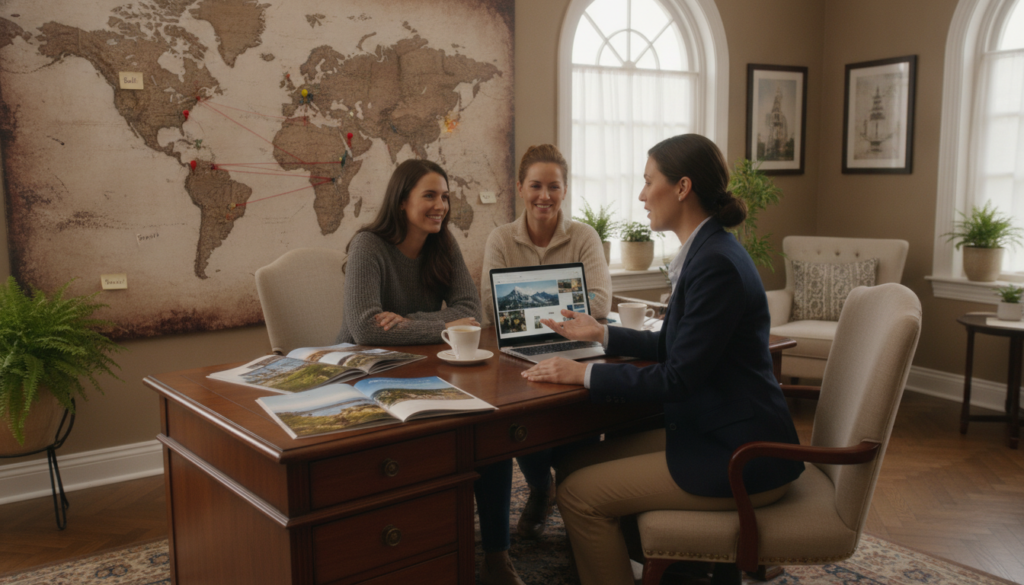 A cozy, elegantly decorated travel agency office in the foreground with a consultant, dressed in smart casual attire, attentively engaging with a couple discussing their travel plans. The middle ground features a large world map on the wall, dotted with travel pins and personal notes. On the desk, open travel brochures and a laptop display exciting travel destinations. In the background, soft, natural light filters through large windows adorned with tasteful plants, creating a warm and inviting atmosphere. The scene conveys a sense of trust, professionalism, and excitement about personalized travel services, highlighting the unique aspects of custom planning. The overall mood is welcoming and inspiring, inviting potential travelers to envision their dream journey.