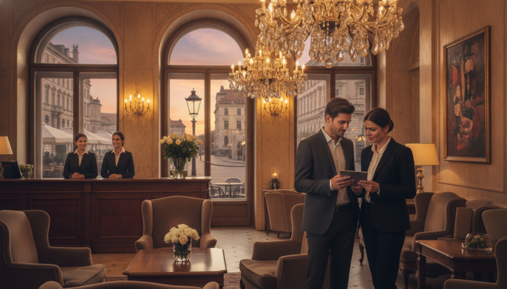 A cozy hotel lobby in a European city, featuring warm lighting from chandeliers that create an inviting atmosphere. In the foreground, a professional-looking couple in business attire, casually conversing while checking their travel plans on a tablet. The middle section showcases a reception desk with friendly staff assisting guests, framed by elegant decor including fresh flowers and tasteful art. In the background, large windows reveal a scenic view of cobblestone streets lined with charming cafes and historic architecture, bathed in the golden glow of sunset. The overall mood is serene and welcoming, embodying a sense of security and comfort for travelers.