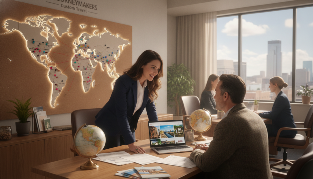 A cozy, inviting travel agency office in Minneapolis, showcasing a team of travel consultants in professional attire, assisting clients with custom travel planning. In the foreground, a consultant is intently discussing a travel itinerary with a client, surrounded by maps, brochures, and a laptop open to a vibrant travel website. The middle ground features a large, interactive world map on the wall, with colorful pins marking popular destinations. In the background, a window shows a sunny Minneapolis skyline, emphasizing a welcoming atmosphere. Soft, natural lighting filters through the window, casting a warm glow across the room, creating an atmosphere of trust and expert guidance. The overall mood is professional yet friendly, illustrating tailored travel services for every type of traveler.