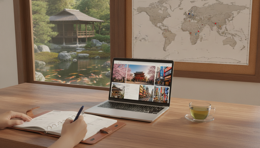 A cozy office setting with a wooden desk, neatly arranged with a laptop displaying a Japan travel website filled with vibrant images of cherry blossoms, temples, and bustling cityscapes. In the foreground, a hand holding a pen is jotting down notes in a stylish travel planner. The middle ground features a world map focusing on Japan, with colorful pins indicating key destinations. In the background, a large window offers a serene view of a Japanese garden with koi fish and a tea house, bathed in soft, natural light. The atmosphere is focused and aspirational, highlighting the excitement of travel planning while conveying a sense of professionalism and organization. A cozy office setting with a wooden desk, neatly arranged with a laptop displaying a Japan travel website filled with vibrant images of cherry blossoms, temples, and bustling cityscapes. In the foreground, a hand holding a pen is jotting down notes in a stylish travel planner. The middle ground features a world map focusing on Japan, with colorful pins indicating key destinations. In the background, a large window offers a serene view of a Japanese garden with koi fish and a tea house, bathed in soft, natural light. The atmosphere is focused and aspirational, highlighting the excitement of travel planning while conveying a sense of professionalism and organization.