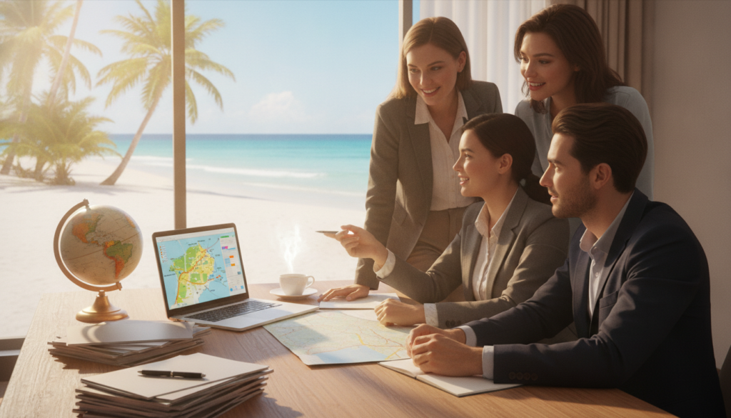 A cozy, well-lit office setting serves as the foreground, featuring a sleek wooden desk adorned with travel brochures, a laptop displaying a colorful itinerary, and a charming globe. In the middle ground, a diverse group of professionals is engaged in vibrant discussion, dressed in smart business attire, with one pointing at the laptop screen. The background showcases a large window revealing a serene outdoor view of a beautiful travel destination, perhaps a tropical beach or picturesque mountain range, with soft sunlight filtering through. The atmosphere is collaborative and inspiring, highlighting the personalized attention to creating vacation packages that suit individual budgets and schedules. The image captures a sense of excitement and optimism, inviting readers to envision their perfect custom vacation.
