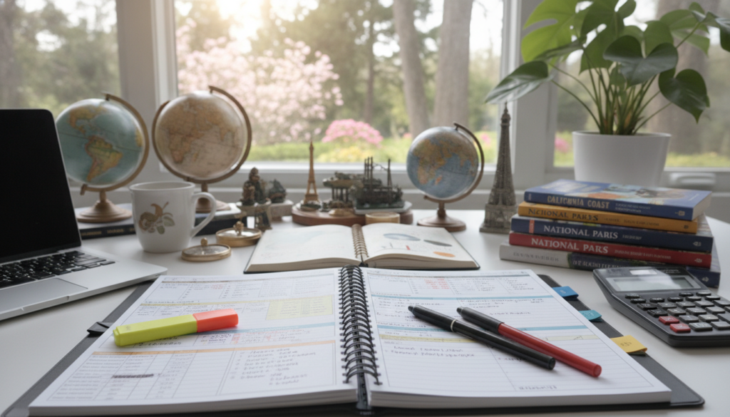 A cozy workspace with a modern desk set against a bright window showcasing a serene outdoor scene. In the foreground, a well-organized planner opened to a page filled with colorful budget planning notes and spreadsheets, surrounded by a laptop, a calculator, and travel guidebooks. The middle ground features vibrant travel accessories such as maps and a globe, hinting at various US destinations. In the background, soft lighting creates an inviting atmosphere, casting a warm glow over a potted plant and a coffee mug. The lens captures the scene with a slight blur to emphasize the planner in focus, evoking a mood of calmness and productivity, ideal for a stress-free travel budget planning session. A cozy workspace with a modern desk set against a bright window showcasing a serene outdoor scene. In the foreground, a well-organized planner opened to a page filled with colorful budget planning notes and spreadsheets, surrounded by a laptop, a calculator, and travel guidebooks. The middle ground features vibrant travel accessories such as maps and a globe, hinting at various US destinations. In the background, soft lighting creates an inviting atmosphere, casting a warm glow over a potted plant and a coffee mug. The lens captures the scene with a slight blur to emphasize the planner in focus, evoking a mood of calmness and productivity, ideal for a stress-free travel budget planning session.