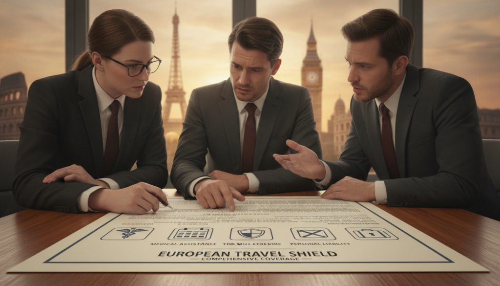 A detailed and visually captivating scene highlighting European travel insurance coverage. In the foreground, an open travel insurance policy document is spread out, showcasing icons representing coverage categories like medical assistance, trip cancellation, and personal liability. The middle ground features a diverse group of three travelers reviewing the document, dressed in professional business attire, with one pointing at a specific section with a look of concern and the others engaged in discussion. The background reveals an iconic European cityscape, with recognizable landmarks softly blurred to suggest travel. Warm, inviting lighting enhances the atmosphere, suggesting a sense of security and thorough consideration. The angle is slightly elevated to capture both the travelers' expressions and the importance of the document, conveying a thoughtful and serious mood. A detailed and visually captivating scene highlighting European travel insurance coverage. In the foreground, an open travel insurance policy document is spread out, showcasing icons representing coverage categories like medical assistance, trip cancellation, and personal liability. The middle ground features a diverse group of three travelers reviewing the document, dressed in professional business attire, with one pointing at a specific section with a look of concern and the others engaged in discussion. The background reveals an iconic European cityscape, with recognizable landmarks softly blurred to suggest travel. Warm, inviting lighting enhances the atmosphere, suggesting a sense of security and thorough consideration. The angle is slightly elevated to capture both the travelers' expressions and the importance of the document, conveying a thoughtful and serious mood.