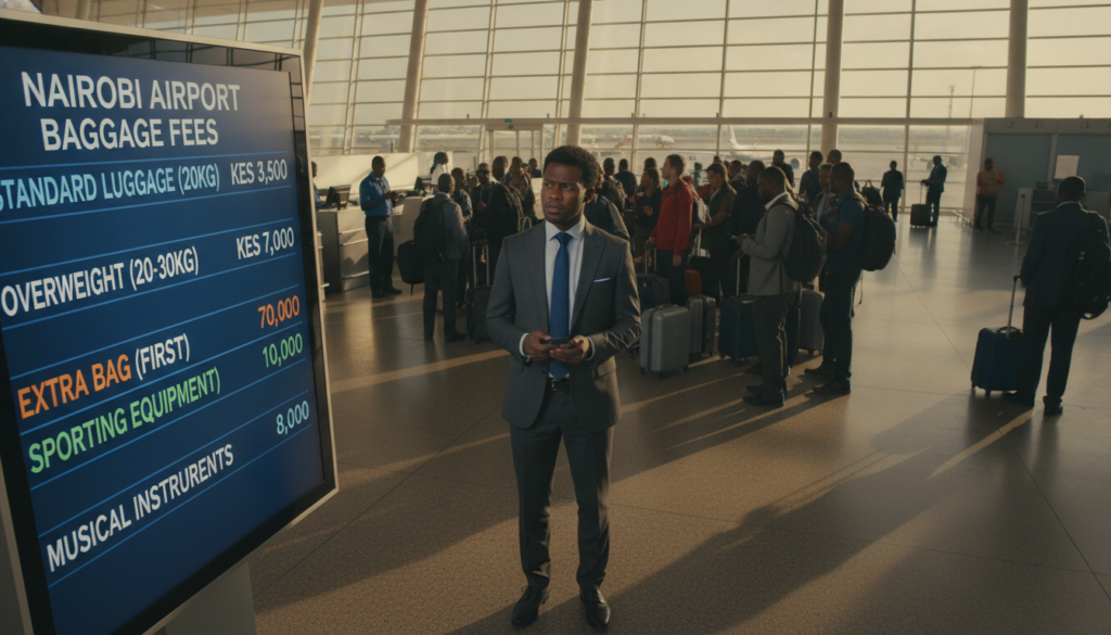 A detailed composition depicting Nairobi airport baggage fees, featuring a digital display board showcasing various luggage fees in vibrant colors. In the foreground, a well-dressed traveler, wearing professional business attire, examines the board with a puzzled expression. The middle ground includes a bustling airport check-in area with travelers standing in line, some carrying bags while others consult mobile devices. The background reveals the sleek architecture of Nairobi’s international airport, with large windows allowing natural light to flood in. The scene should evoke a sense of curiosity and urgency, with a slight hint of excitement in the air, under warm overhead lighting. Use a slightly wide-angle lens to capture the dynamic atmosphere and focus on the details of the baggage fees display.