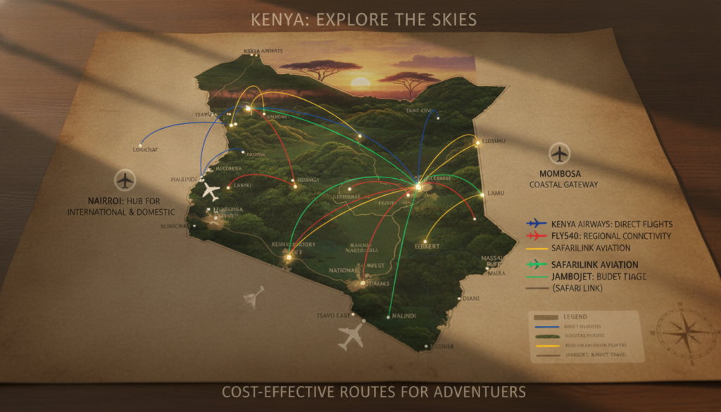 A detailed map of Kenya's flight routes, showcasing vibrant lines representing various airlines connecting major cities like Nairobi, Mombasa, and Kisumu. In the foreground, annotations highlight key stopover points, illustrated with small airplane icons. The middle section features a clear layout of the Kenyan landscape, with lush greenery and outlines of national parks peeking through. The background captures a stunning sunset over the savannah, creating an inviting and warm atmosphere. Use a wide-angle perspective to emphasize the expanse of travel options across the country. Soft, golden lighting enhances the rich colors of the map while conveying a sense of adventure and exploration. The overall mood should be informative yet engaging, appealing to travelers looking for cost-effective flight strategies. A detailed map of Kenya's flight routes, showcasing vibrant lines representing various airlines connecting major cities like Nairobi, Mombasa, and Kisumu. In the foreground, annotations highlight key stopover points, illustrated with small airplane icons. The middle section features a clear layout of the Kenyan landscape, with lush greenery and outlines of national parks peeking through. The background captures a stunning sunset over the savannah, creating an inviting and warm atmosphere. Use a wide-angle perspective to emphasize the expanse of travel options across the country. Soft, golden lighting enhances the rich colors of the map while conveying a sense of adventure and exploration. The overall mood should be informative yet engaging, appealing to travelers looking for cost-effective flight strategies.