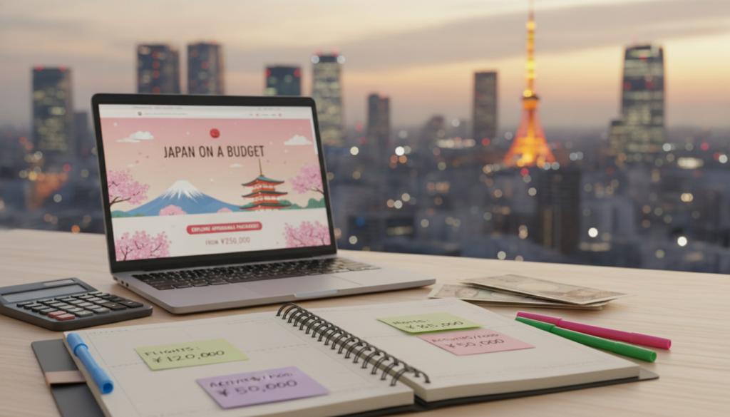 A detailed travel scene illustrating the cost considerations of a vacation in Japan. In the foreground, a neatly arranged travel budgeting planner with colored pens and sticky notes showing expenses for flights, accommodation, and activities. In the middle ground, a laptop displaying a vibrant website offering Japan vacation packages, featuring cherry blossoms and iconic landmarks like Mount Fuji and traditional temples. In the background, a beautifully lit Tokyo skyline at sunset, creating a warm, inviting atmosphere. The composition should have soft, ambient lighting to evoke a sense of excitement and anticipation. Use a wide-angle perspective to capture both the detailed foreground and the expansive cityscape, emphasizing the allure of planning a Japan trip on a budget.
